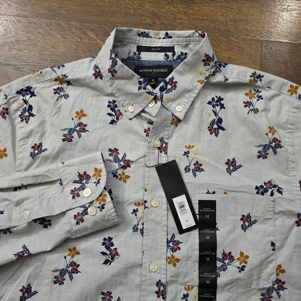 New Banana Republic Slim Fit Untucked Shirt Mens Medium Grey Floral Button Down